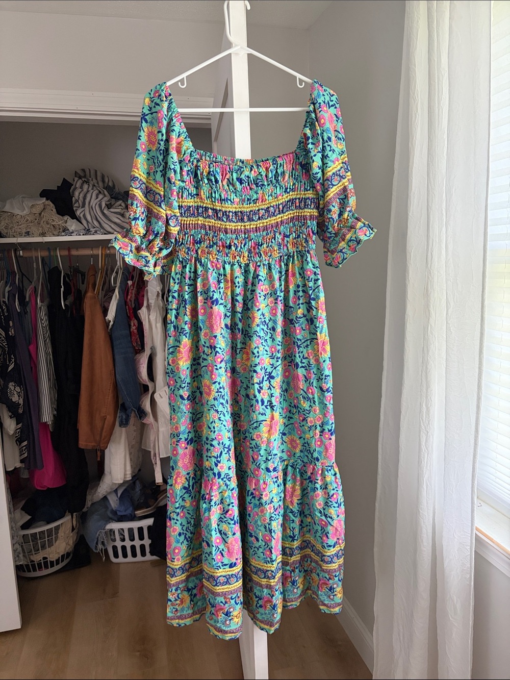 Floral Smocked Midi Dress in Aqua & Pink